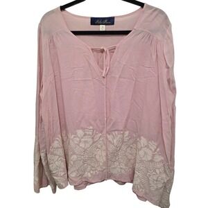 Blue Rain Women's Pink Embroidered Boho Fairy Bell Sleeve Blouse Size M